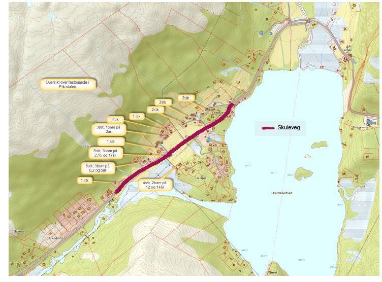 121 av 191 Fig.32: Skuleveg i Eikedalen: 10 barn tek skulebussen, strekninga der barna må gå langs vegen for å komma til busstoppet for å ta skulebussen er merka på kartet.