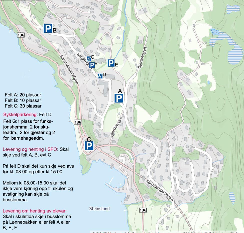 95 av 191 Samnanger, men det er eit vedtak i skulen sitt ordensreglement på parkering for tilsette og foreldre i både skule og barnehage. Fig. 1- parkeringsplan 2.