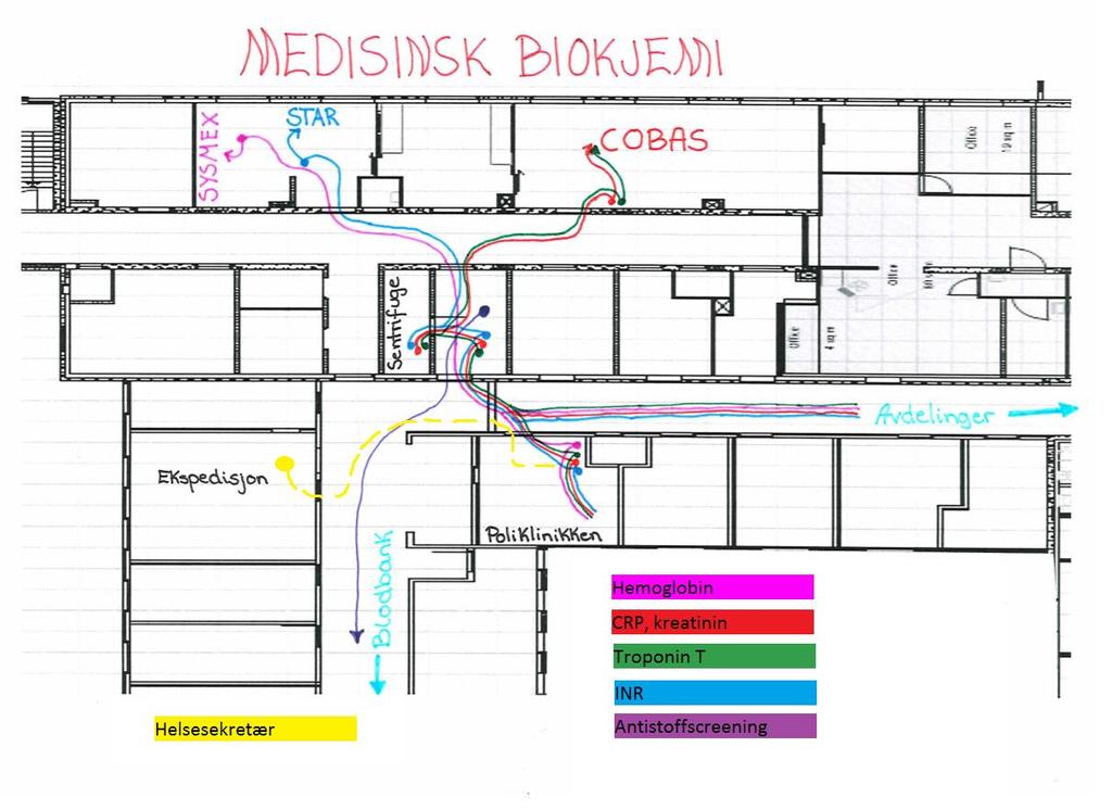 Figur 1: Oversikt over Medisinsk Biokjemi ved Molde Sjukehus 1.5 Prøvetakingsrutiner På Molde Sjukehus finnes det ulike rutiner når det kommer til når og hvordan blodprøvene blir tatt.