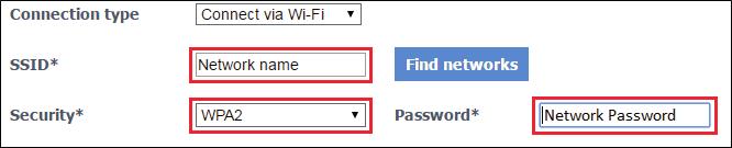 Tilkopling via Wi-Fi Tilslutning via Wi-Fi Fyll ut følgende felt: SSID: Udfyld Tast følgende inn navnet felter: på