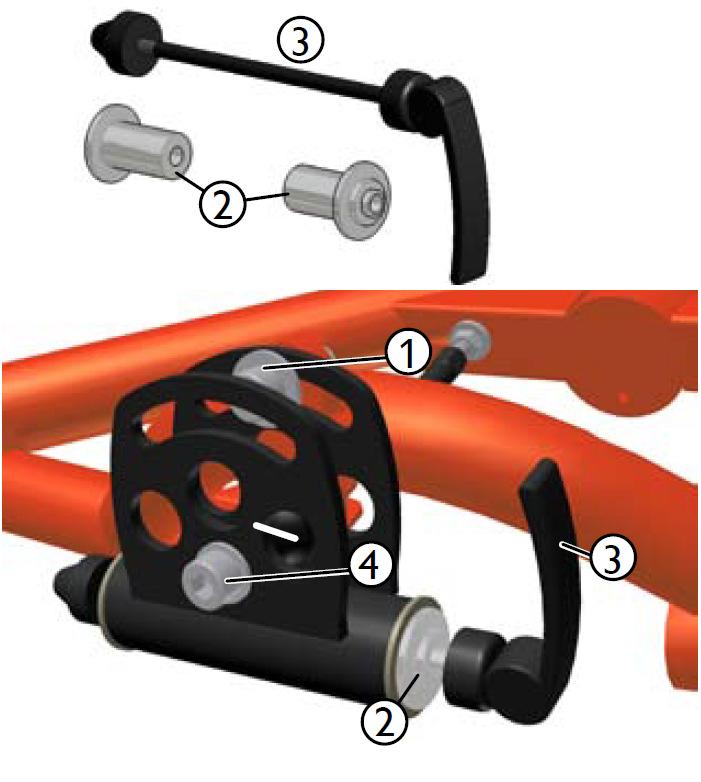 VED BRUK AV EN EKSTRA KETTWIESEL FOR TANDEM Hvis du bruker universalkoblingen til å koble til en ekstra Kettwiesel til tandem bruk, må de to M8 boltene (1) og (4) vær løs nok til at koblingen kan