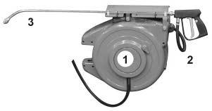 64/ Vaskeinnretning til utvendig vask av sprøyten inklusive (1) slangetrommel (2) 20 m trykkslange (3)