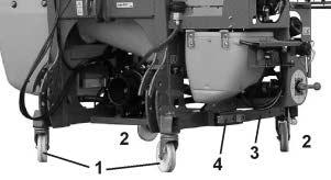 .. (1) Styrehjul (2) Stive hjul (3) Uttrekkbare parkeringsstøtter (4) Fjærbelastet lås.
