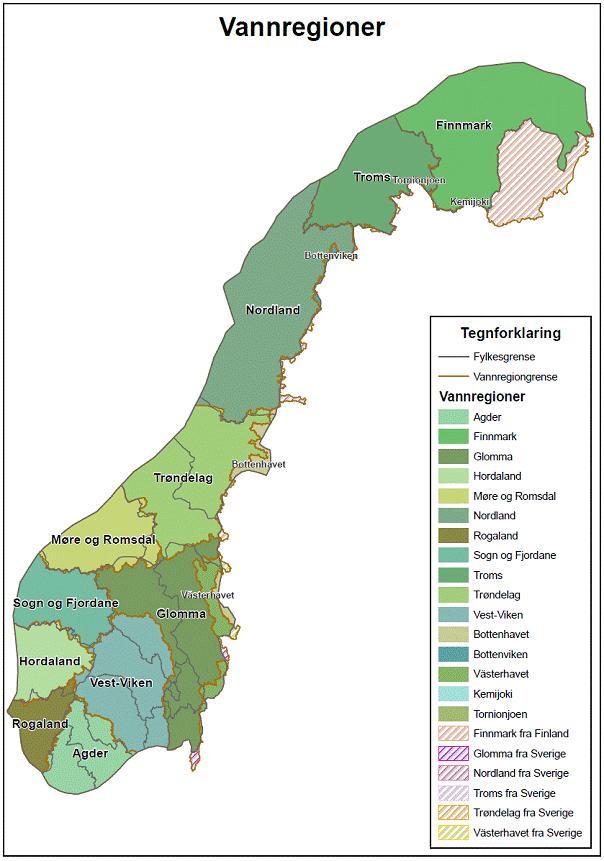 Figur 1: Oversikt over vannregioner i Norge. Oppland fylke inngår i det vesentlige i vannregion Glomma og vannregion Vest-Viken.