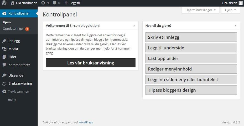 KOM I GANG Når temaet «Sircon Express» er aktivert på ditt WordPress-nettsted vil forsiden på kontrollpanelet se ut slik som dette.