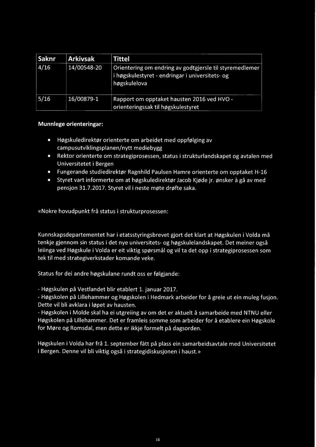 Saknr Arkivsak Tittel 4/16 14/00548-20 Orientering om endring av godtgjersle til styremedlemer i høgskulestyret - endringar i universitets- og høgskulelova 5/16 16/00879-1 Rapport om opptaket hausten