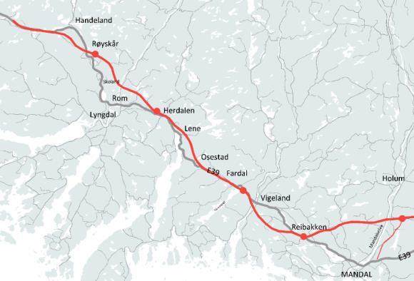 Ny trase Mandalselva og vestover er lansert Tidligere forutsetning: Ny E39 må tilknyttes eksisterende europavei i området Livold- Osestad Livold Fardal var prioritert i NTP som eget prosjekt som