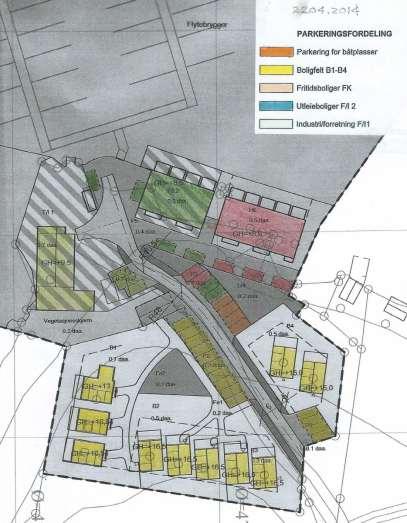 Parkering markert med tilhørighet for de enkelte byggefelt. 5 parkeringsplasser er markert for båtplasser hvor det ikke er tilhørighet i området. Grønnstruktur 6.2.