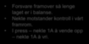 F1 Beinhard jobbing etter balltap. Lese «presseøyeblikk» støttepasning ball i lufta feilvendt 1A, feiltouch pasning til keeper. Nekte stoppere å passere frontledd ev.