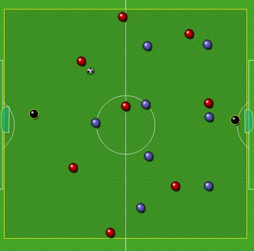 Spill: A2: Inn i prioriterte rom Organisering Banestørrelse «16 til 16». Rødt (angripende) lag 1-4-1-3-formasjon. Blått (forsvarende) lag i 1-3-4-1-formasjon.