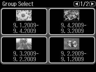 Hvis du har flere end 999 billeder på hukommelseskortet, opdeles billederne automatisk i grupper, og skærmen til valg af gruppe vises. Vælg den gruppe, der indeholder det billede, du vil udskrive.