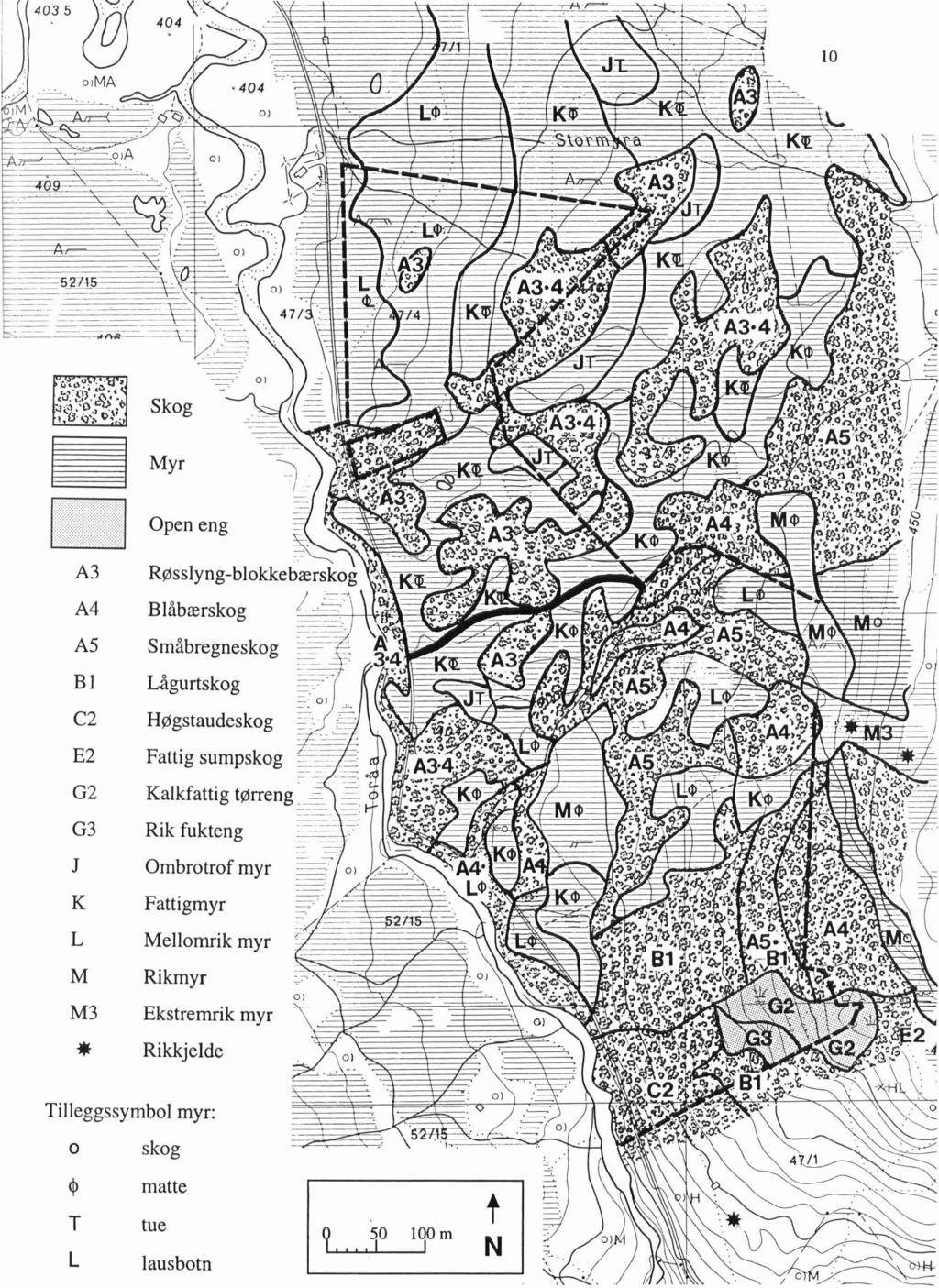 Figur 2. Vegetasjonskal? over området pd og omkring eigedomen Gardsslettet i Fossdalen, Rindal kommune.