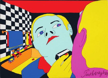 GUNILLA HOLM PLATOU er født i 1972. Maler og grafiker, bosatt i Sande i Vestfold. Kunstutdannet i Oslo. Sande er mest kjent for sine kumotiver og sin humoristiske strek.