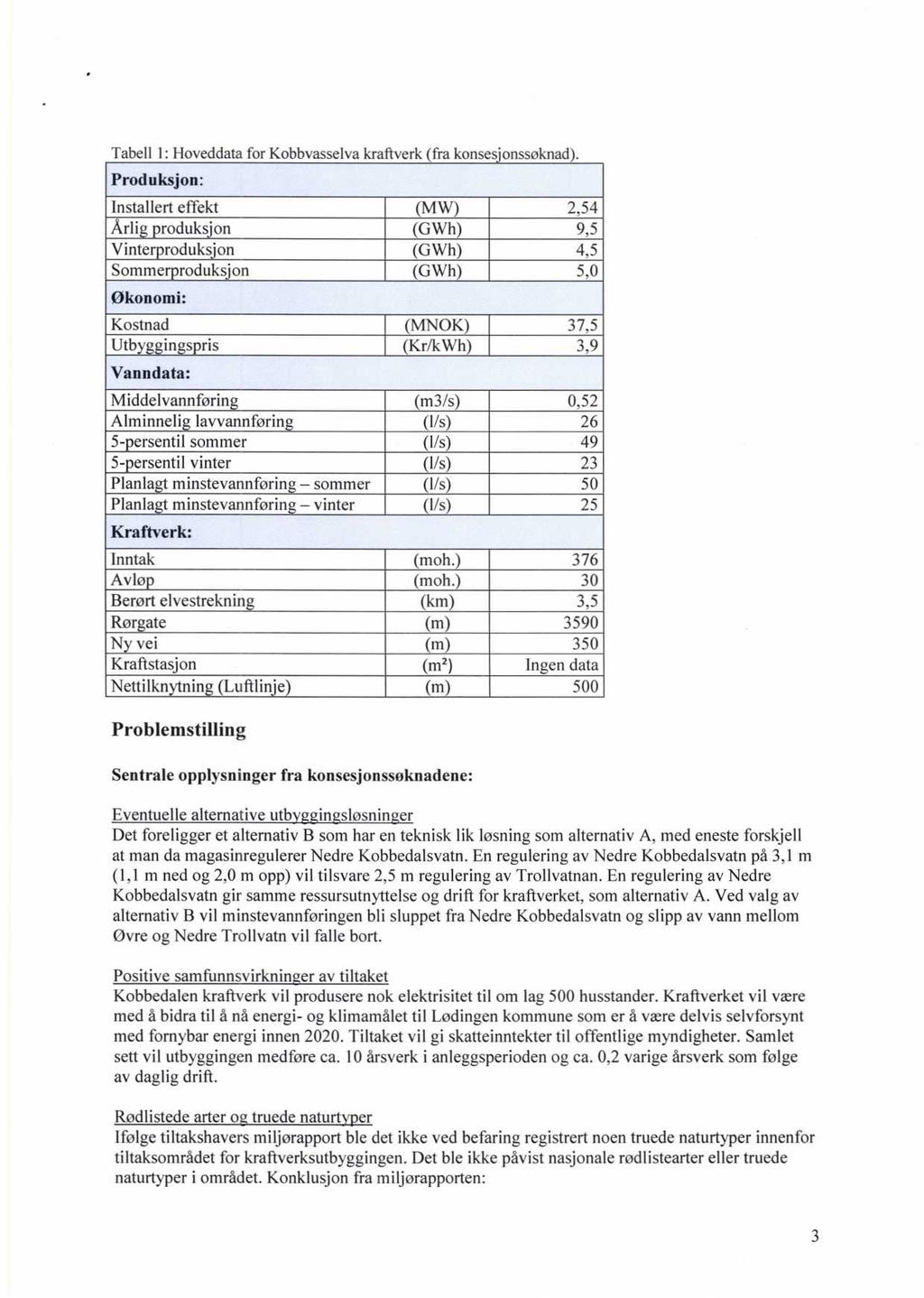 Tabell 1: Hoveddata for Kobbvasselva kraftverk (fra konses onssoknad).