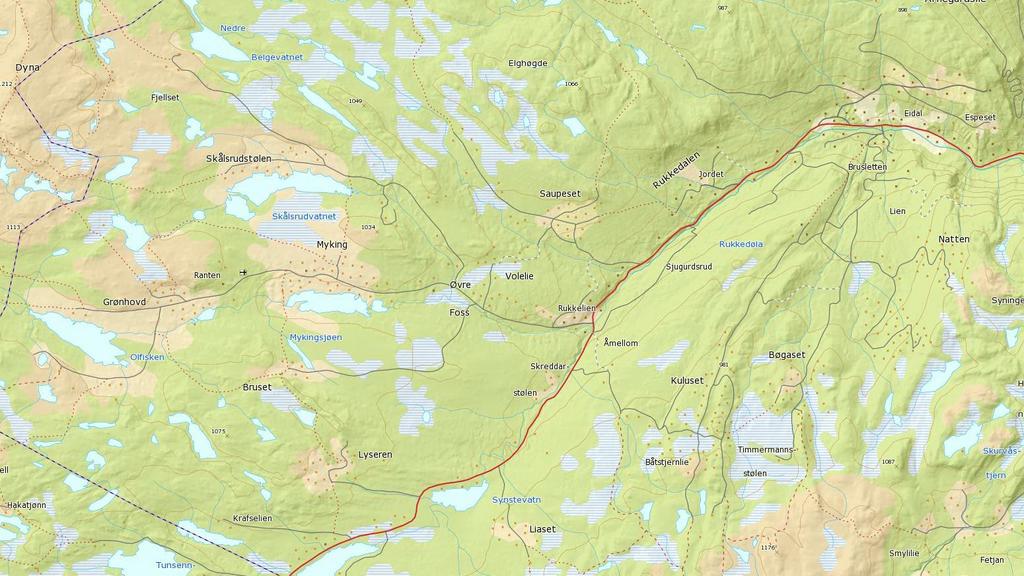 Figur 1: Oversiktskart over Rukkedalen mm. Vestlie masseuttak markert med rød sirkel. Tiltaket omfatter i alt 3 ulike uttaksområder og veg. Uttaket for fjell ligger i sin helhet på eiendommen gbnr.