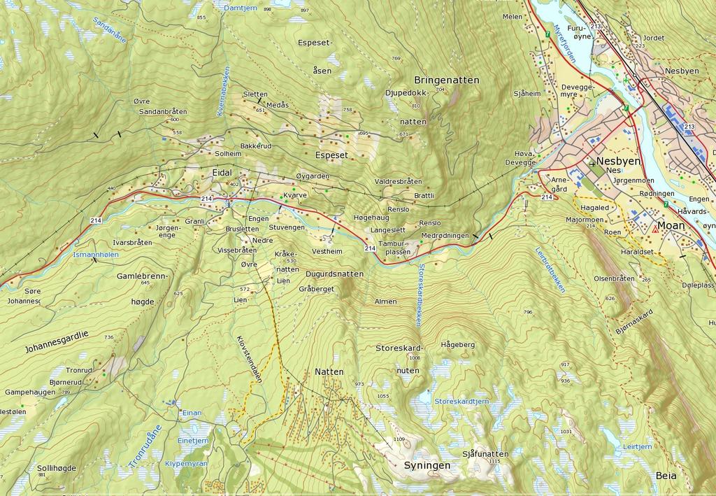 Figur 3: Oversiktskart over Rukkedalen mm. Vadbrue masseuttak markert med rød sirkel. Tiltaket omfatter i alt 2 ulike uttaksområder og veg. Uttaket for fjell ligger i sin helhet på eiendommen gbnr.