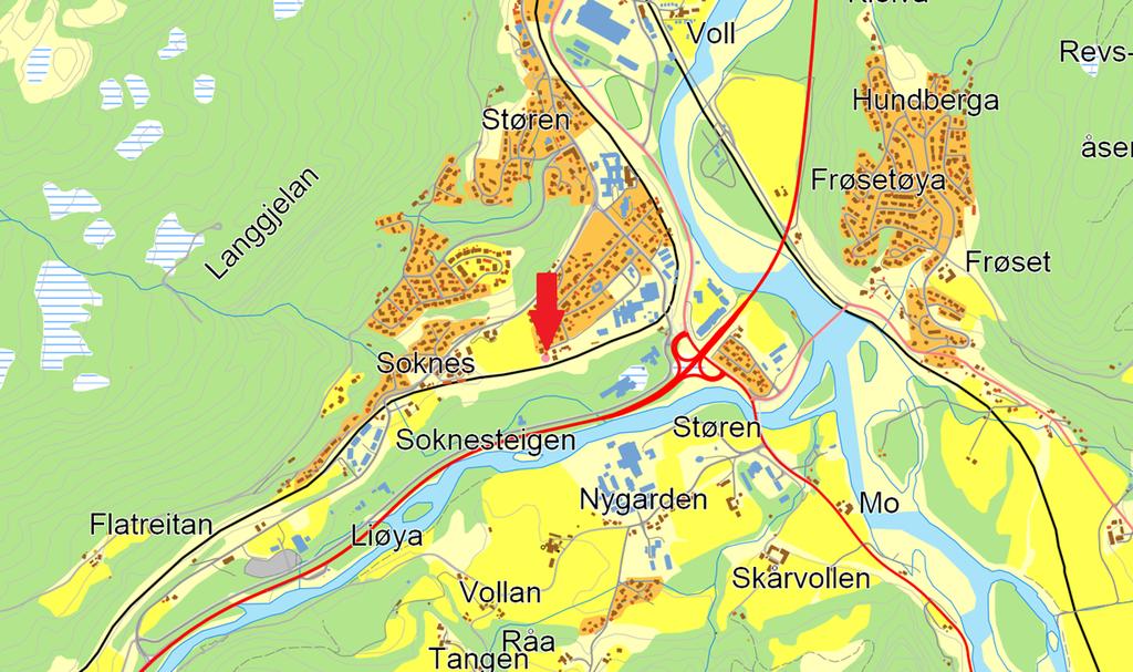 Figur 1 Oversiktskart over deler av Midtre Gauldal kommune. Området det søkes dispensasjon er vist med rød pil.