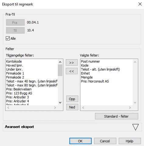 Her kan du gjøre følgende valg: Alle poster: Hvis denne knappen er valg vil alle poster eksporteres. Ellers kan du bestemme fra og til post ved klikke på enten Fra eller Til knappen.