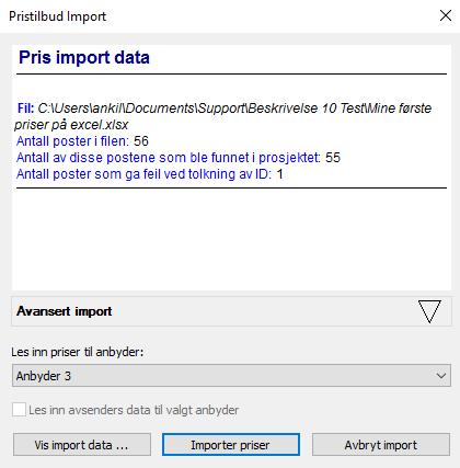 MERK: Her ser du antall poster som ble funnet i filen, i tillegg må du huske å velge riktig anbyder hvor prisene skal leses inn.