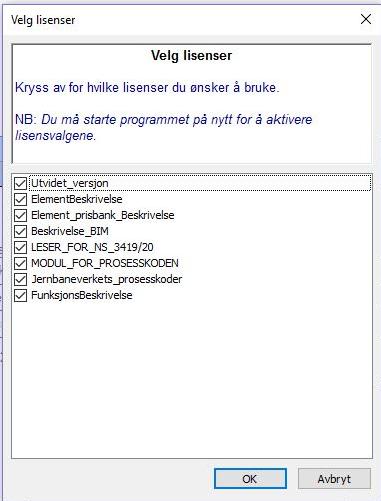 For nett/serverlisens er det mulig å velge hvilke moduler man ønsker å bruke.