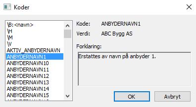 Koder er dynamiske tekster som representerer data fra enten aktiv post i Beskrivelsen, eller en formateringskode.