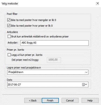 o Priser pr. konto: Kryss av for Legg ut kun priser pr. konto hvis du ønsker å eksportere prisene summert pr. konto. Skriv også inn kvadratmeter bygg (lagres som mengde på prisen).