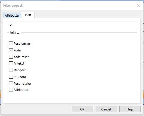 Oppsett filter lar deg sortere på både attributter og tekst i flere felter. Man kan for eksempel søke på spesifikt postnummer, eller kodetekst.