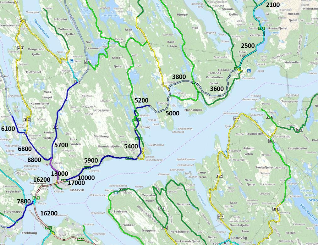 Trafikk på dagens vegnett (ÅDT) Trafikkutvikling (ÅDT) 2050 ved ferjefri