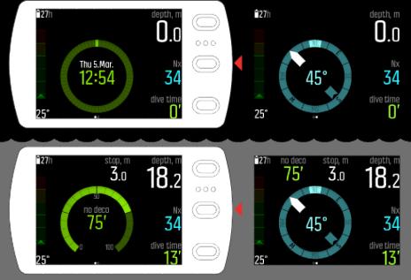 2. Kom i gang 2.1. Status og visninger for display Suunto EON Steel har to hovedvisninger i overflate- og dykkestatus: tid/ingen deko og kompass. Endre visningen ved å trykke på knappen i midten.