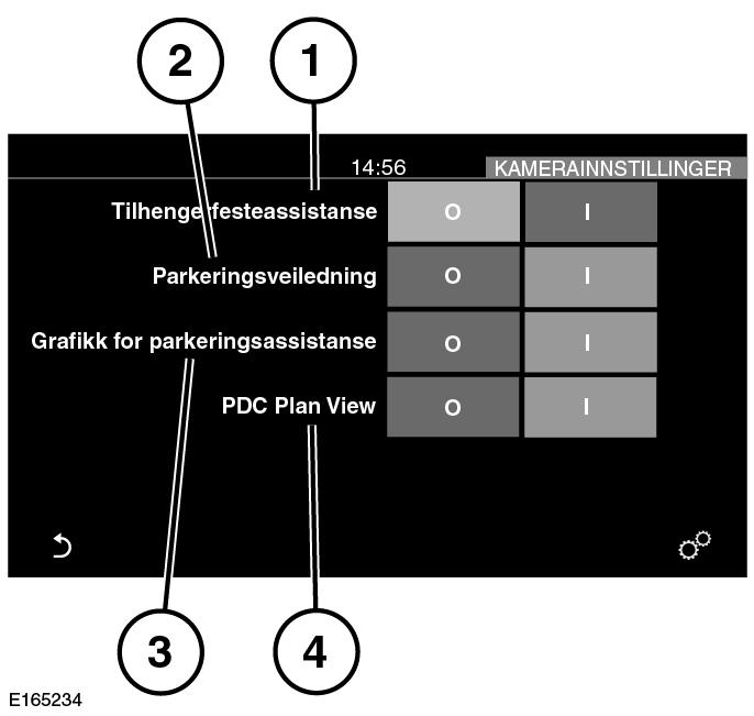 Trykk for å aktivere eller deaktivere sensorenes aktive grafikk. Trykk for å aktivere eller deaktivere anvisningslinjer for påhekting av tilhenger.