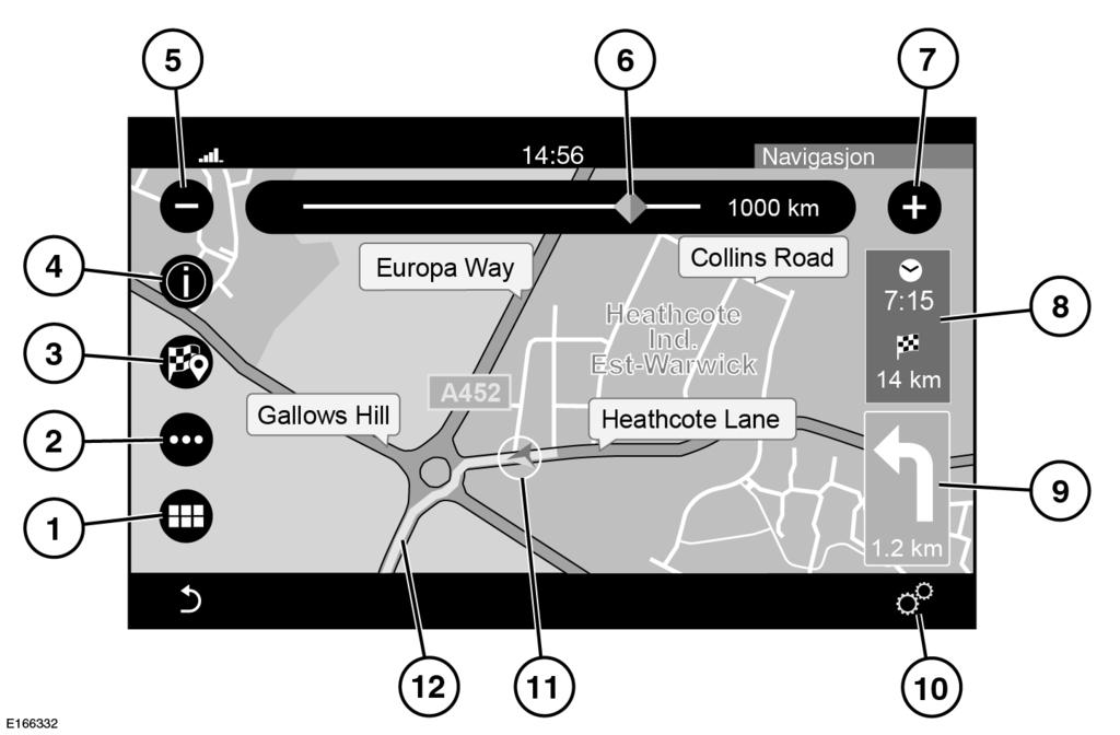 Navigasjon KARTSKJERMBILDE Trykk på navigasjonsknappen eller Navigasjon-området på Hovedmeny-skjermbildet for å få tilgang til NAVIGASJON-skjermbildet. Se 14