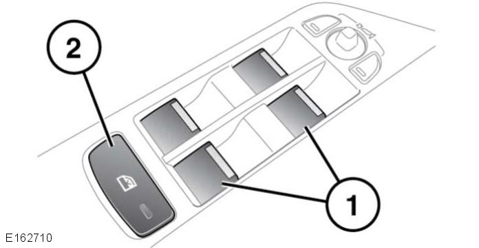 L Vinduer ELEKTRISKE VINDUER For å hindre utilsiktet bruk må du aldri etterlate smartnøkkelen i bilen sammen med barn eller dyr. 1. Vindusbrytere: Merk: Hver bryter fungerer i to trinn.