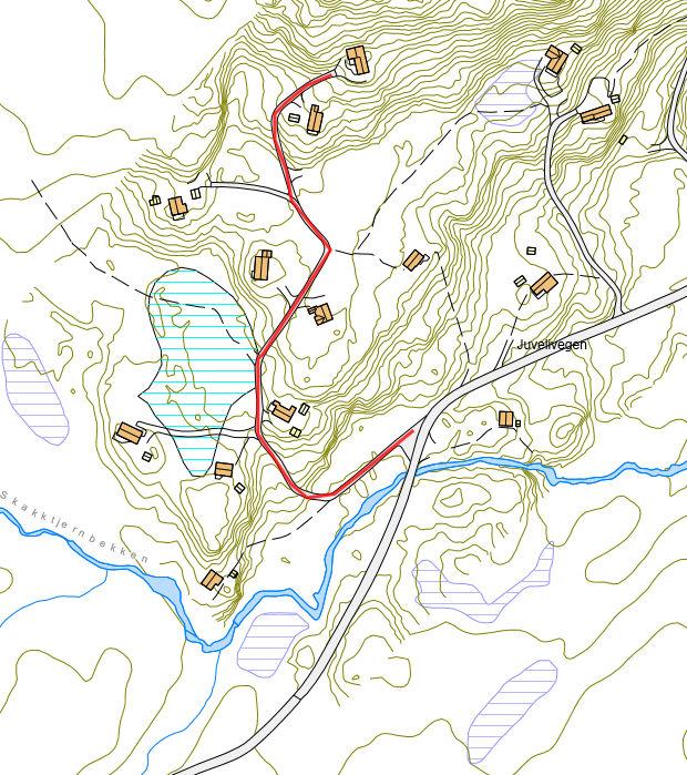 11: Adkomstveg for hytter fra Juvelivegen. Går i retning Skakktjenn.