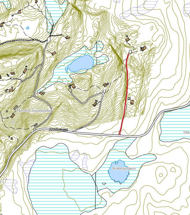 12: Adkomstveg for hytter fra Juvelivegen. Går fra Krikmyr.