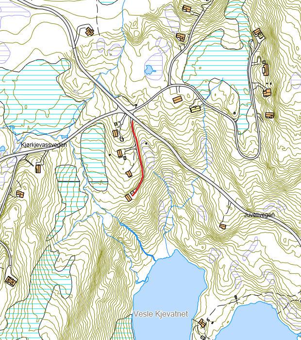 7 : Veg fra Juvelivegen til hytter går mot Vesle Kjevatnet Navneforslag : Kjevasslia Begrunnelse
