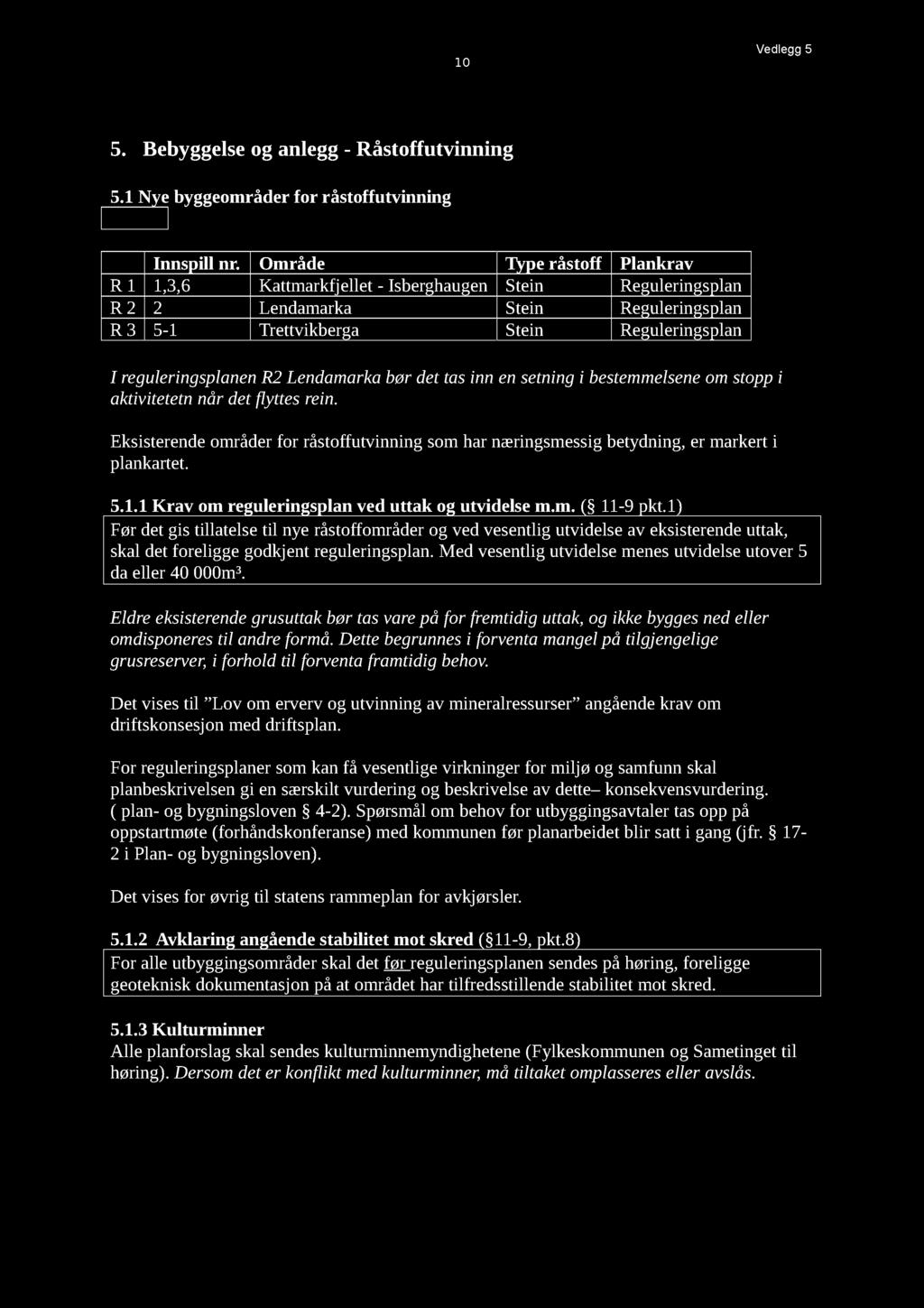 10 Vedlegg 5 5. Bebyggelseog anlegg- Råstoffutvinning 5.1 Nye byggeområderfor råstoffutvinning Innspill nr.