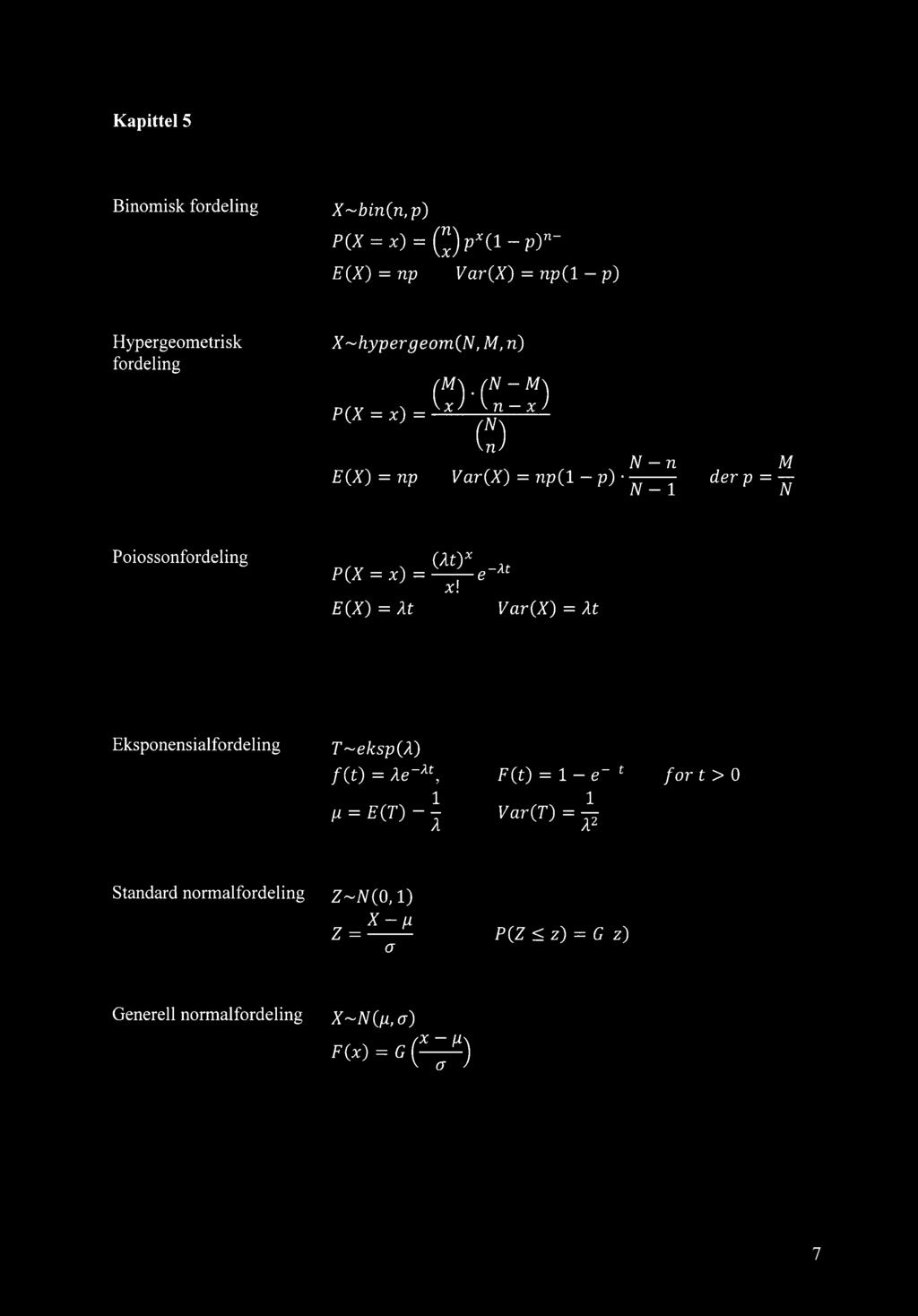 Kapittel 5 Spesielle diskrete sannsynlighetsfordelinger Binomisk fordeling X bin(n, p) P(X = x) = (flx)px (1 p)n-x E(X) = np Var(X) = np(1 p) Hypergeometrisk X hypergeom(n, M, n) fordeling (M) (N F =