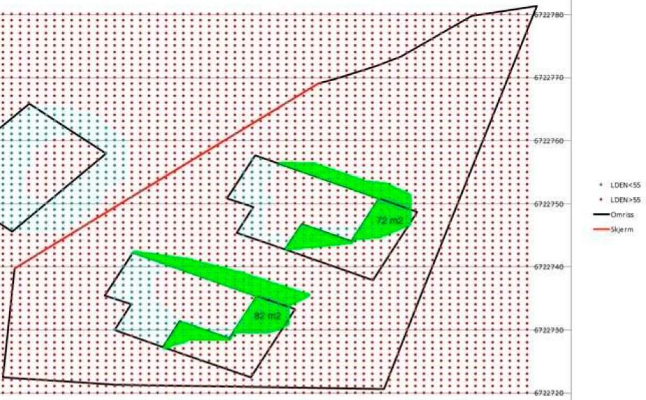 Innsendt diagram viser Hus a med plassering og størrelse på uteoppholdsareal på 72 m2 med støynivå under 55 db (markert med grønt felt).