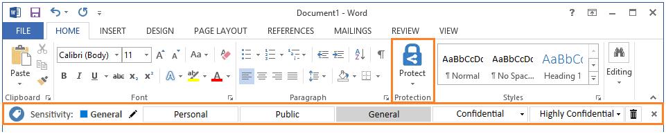 Klassifisering og merking i Office programmene Dokumenter og e-postmeldinger kan klassifiseres (og eventuelt beskyttes) ved å velge etiketter i