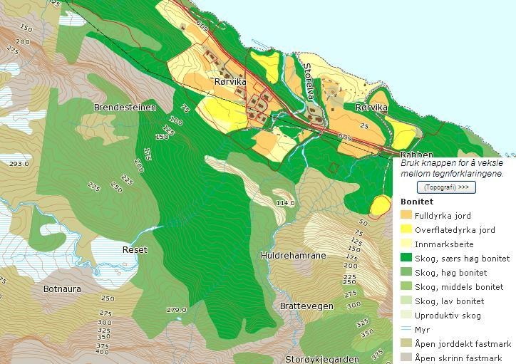 Figur 16. Markslag i influensområdet til planlagt Rørvika kraftverk (http://geo.ngu.no/kart/arealisngu/). FERSKVANNSRESSURSER Vannkvaliteten i elva er ikke undersøkt, men er trolig relativt god.