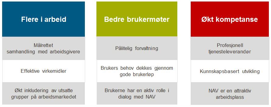 Virksomhetsstrategien for NAV 2011-2020 definerer innsatsområder som peker ut retningen for de valg og prioriteringer som skal tas fram mot 2020 for å realisere etatens mål.