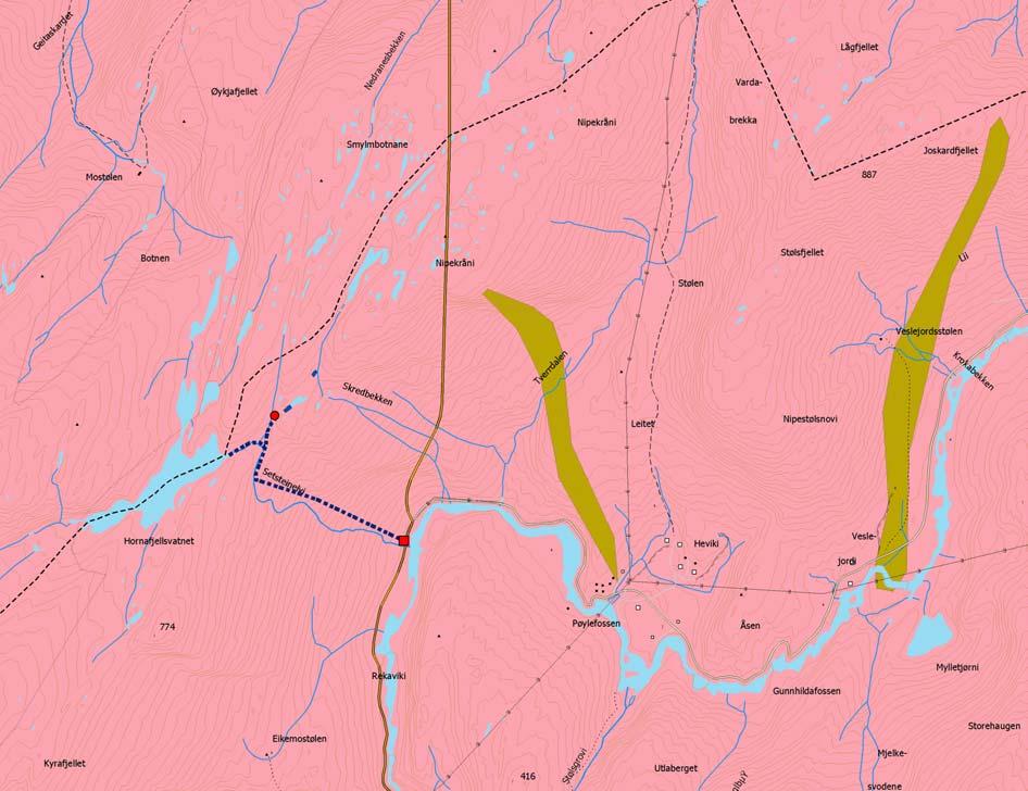 Konsekvensutredning for Eikemo Kraftverk Side 5 Figur 2: Kartet viser den svært ensartede berggrunnsgeologien i området. Rosa farge representerer næringsfattig granittisk gneis, migmatitt.
