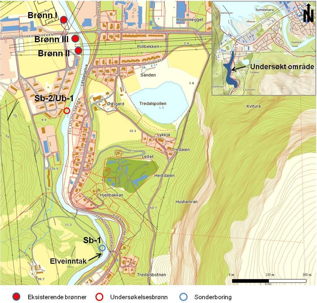 2 AVGRENSNING AV UNDERSØKELSESOMRÅDET OG UTFØRTE FELTUNDERSØKELSER Feltundersøkelsene er utført på grunnvannsforekomsten vest for Litldalselva.