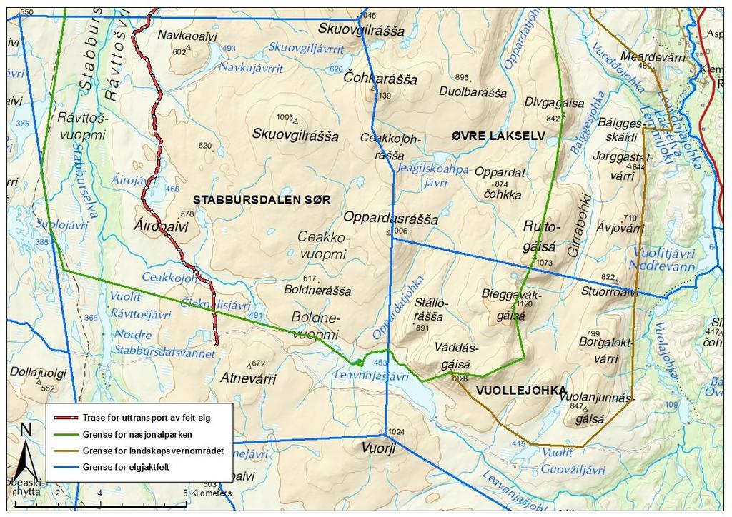 Vi gjør oppmerksom på at eventuell kjøring over privat eiendom må avklares med den enkelte grunneier. Kart over tillatte traseer til uttransport av felt elg i jaktfelt 21 Stabbursdalen sør.