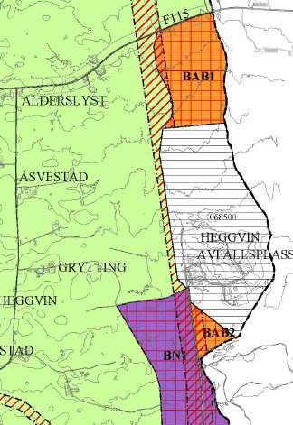 BAB1 Heggvin nord og BAB2 Heggvin sør Dagens arealformål: LNF Foreslått arealformål: Avfallsanlegg Arealstørrelse: Ca 276 daa til sammen Arealet er i hovedsak skogsmark i slakt skrånende område.