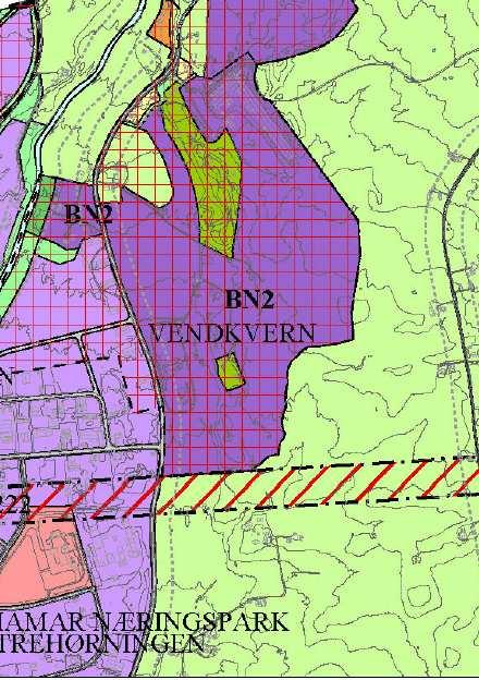 BN 2 Vendkvern Dagens arealformål: LNF Foreslått arealformål: Næring Arealstørrelse: Ca 473 daa Området består av skog og landbruksareal.