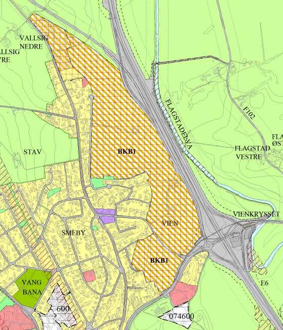 BKB1 Vien Dagens arealformål: LNF Foreslått arealformål: Kombinert formål næring og bolig Arealstørrelse: Ca 305 daa Nytt areal for kombinert formål med næringsbebyggelse ned mot E6.