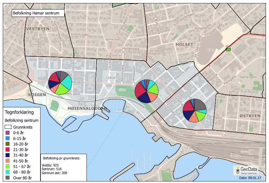 Figur: Alderssammensetning blant beboere i sentrum. Vestbyen domineres av gruppa 51-80 år.