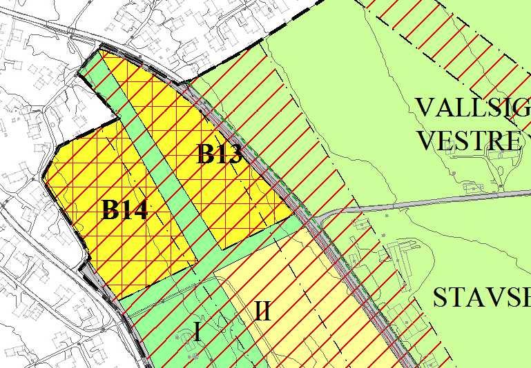 B13 og B14 Stavsberg, tidl idrett Dagens arealformål: Størstedelen er disponert til byggeformål idrettsanlegg gjennom kdp Stavsberg. Skogsområde mot vest er regulert som grønnstruktur.