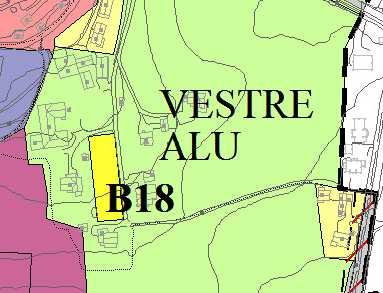 B18 Alu Vestre Dagens arealformål: LNF Foreslått arealformål: Bolig Arealstørrelse: ca 1,5 daa Arealet ligger i tilknytning til tun på gården Alu Vestre.